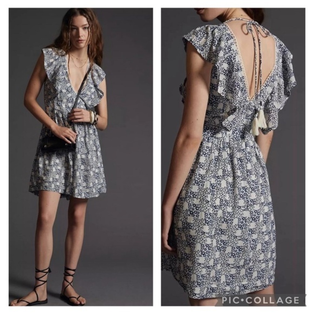 Anthropologie Blue and White Floral Mini Dress